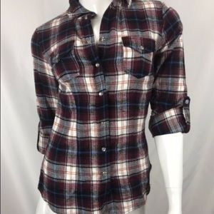 YMI Women’s Plaid Button up Maroon size Medium
